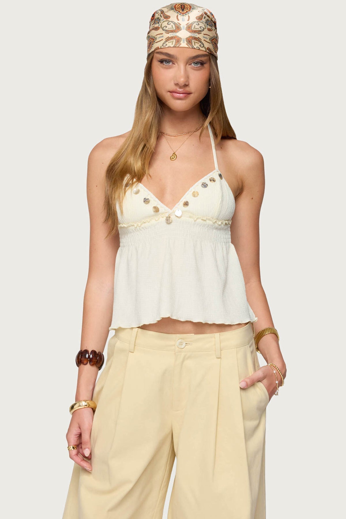 Textured Iridescent Babydoll Halter Top