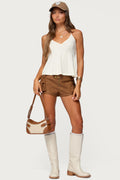 Washed Faux Leather Micro Cargo Shorts