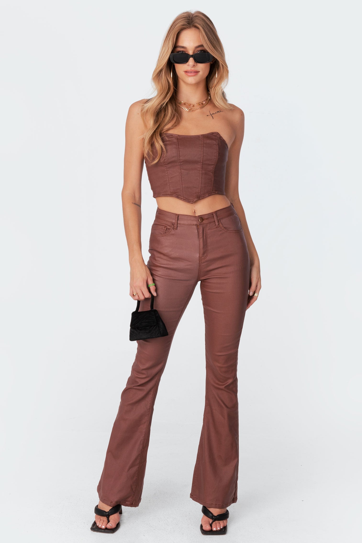 Luna Faux Leather Mid Rise Flared Jeans