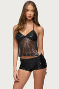 Annael Sequin Net Backless Halter Top